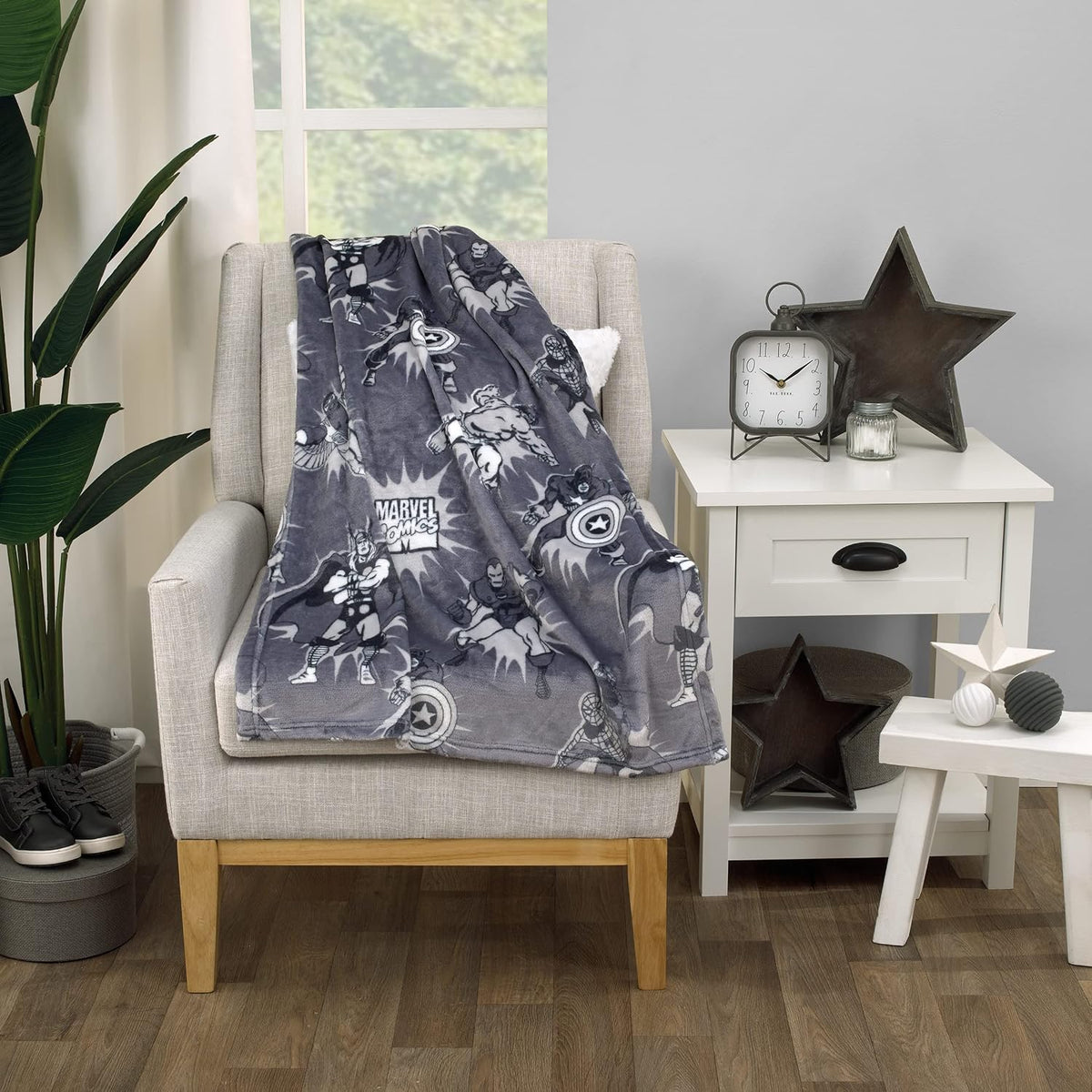 Marvel Comics Super Soft Plush Baby Blanket, 30x40 Retro Avengers Fleece Stroller & Crib Blanket, Iron Man & Spider-Man, Heather Grey