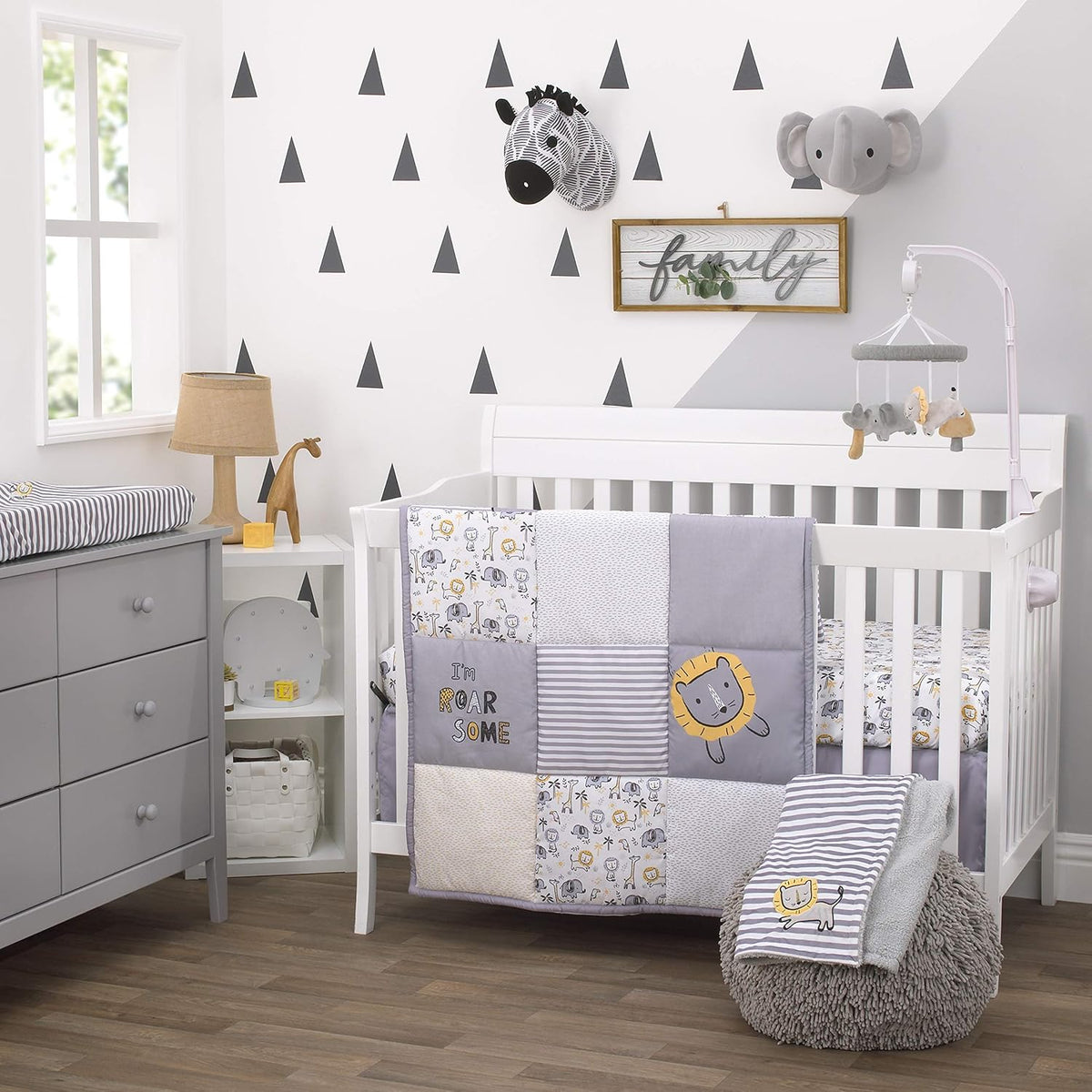 NoJo Little Love Roar-Some Safari 3-Piece Crib Bedding Set, Lion Patchwork Comforter, Fitted Crib Sheet & Dust Ruffle, Grey and Yellow
