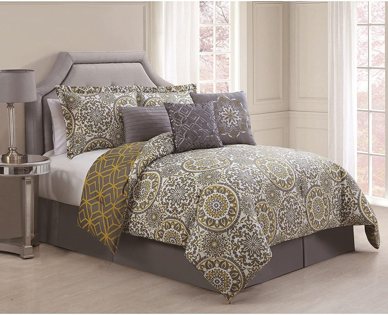 7 Piece Queen Jezebel Gray/Yellow Reversible Comforter Set