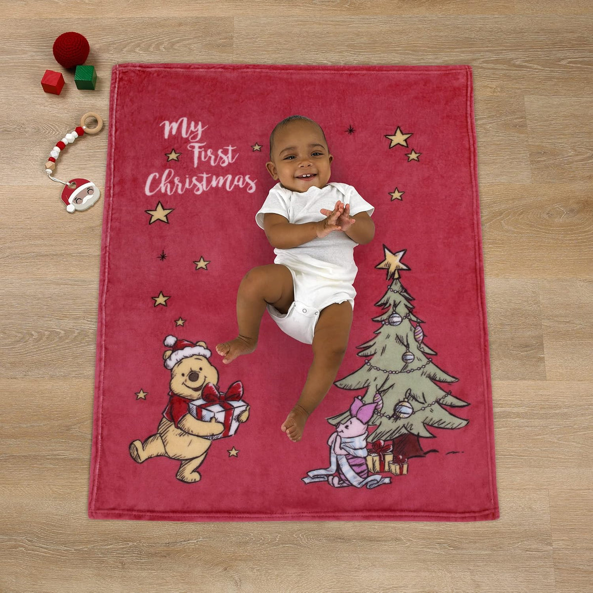 Disney Winnie the Pooh "My First Christmas" Holiday Baby Blanket, 30x40 Photo Op Plush Blanket, Red