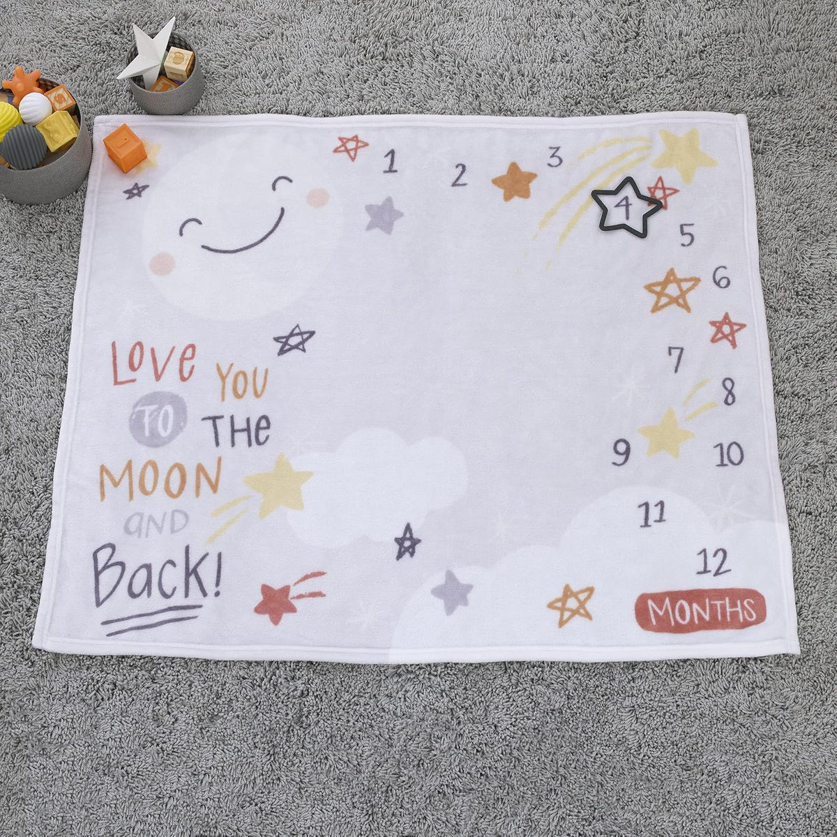NoJo "Love You to the Moon and Back" Monthly Milestone Baby Blanket with Star Felt Marker, 40x50 Celestial Fleece Photo Op Blanket, Grey and Gold