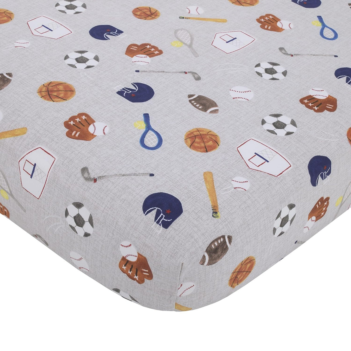 NoJo All-Star Sports 100% Cotton 4-Piece Crib Bedding Set, Applique Comforter, Fitted Sheet, Crib Skirt & Storage Caddy, Navy, Grey and Orange