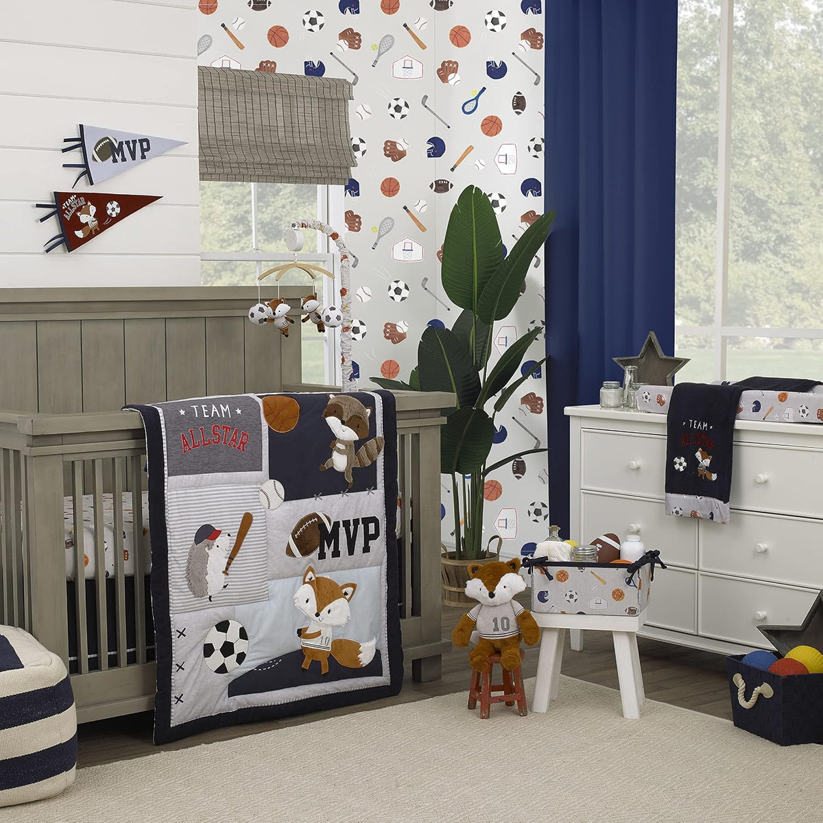 NoJo All-Star Sports 100% Cotton 4-Piece Crib Bedding Set, Applique Comforter, Fitted Sheet, Crib Skirt & Storage Caddy, Navy, Grey and Orange