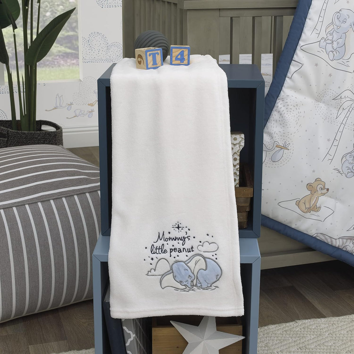 Disney Baby Dumbo Storybook Nursery 6-Piece Crib Bedding Set, Comforter, Fitted Sheets, Blanket, Changing Pad Cover & Wall Decal/Banner, Blue and White