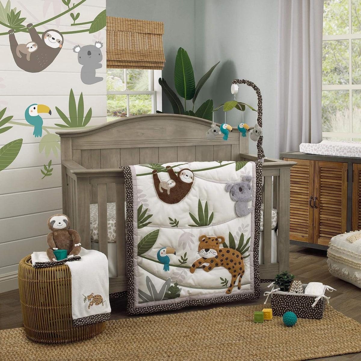 NoJo Jungle Paradise Photo Op Fitted Crib Sheet, Leopard, Sloth & Toucan Baby Bed Sheet, Green, Grey and White