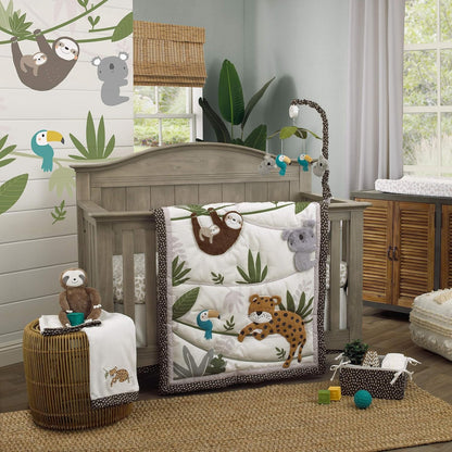 NoJo Jungle Paradise Photo Op Fitted Crib Sheet, Leopard, Sloth & Toucan Baby Bed Sheet, Green, Grey and White