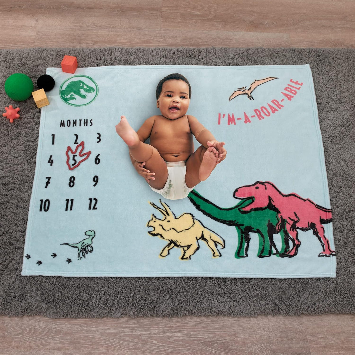 Jurassic World Dinosaurs Plush Milestone Baby Blanket, 40x50 Monthly Photo Op Fleece Blanket with Trackers, T-Rex & Triceratops, Light Blue