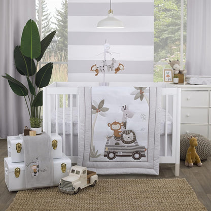 NoJo Little Love Safari Adventure Fitted Crib Sheet, Animals in Jeep & Palm Trees Baby Bed Sheet, Taupe, Grey and White