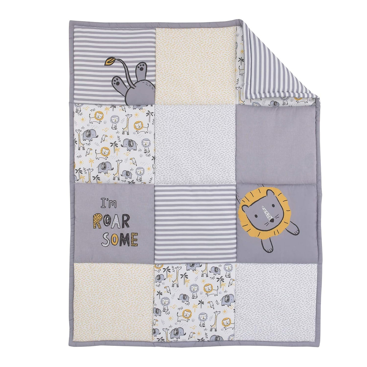 NoJo Little Love Roar-Some Safari 3-Piece Crib Bedding Set, Lion Patchwork Comforter, Fitted Crib Sheet & Dust Ruffle, Grey and Yellow