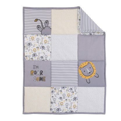 NoJo Little Love Roar-Some Safari 3-Piece Crib Bedding Set, Lion Patchwork Comforter, Fitted Crib Sheet & Dust Ruffle, Grey and Yellow