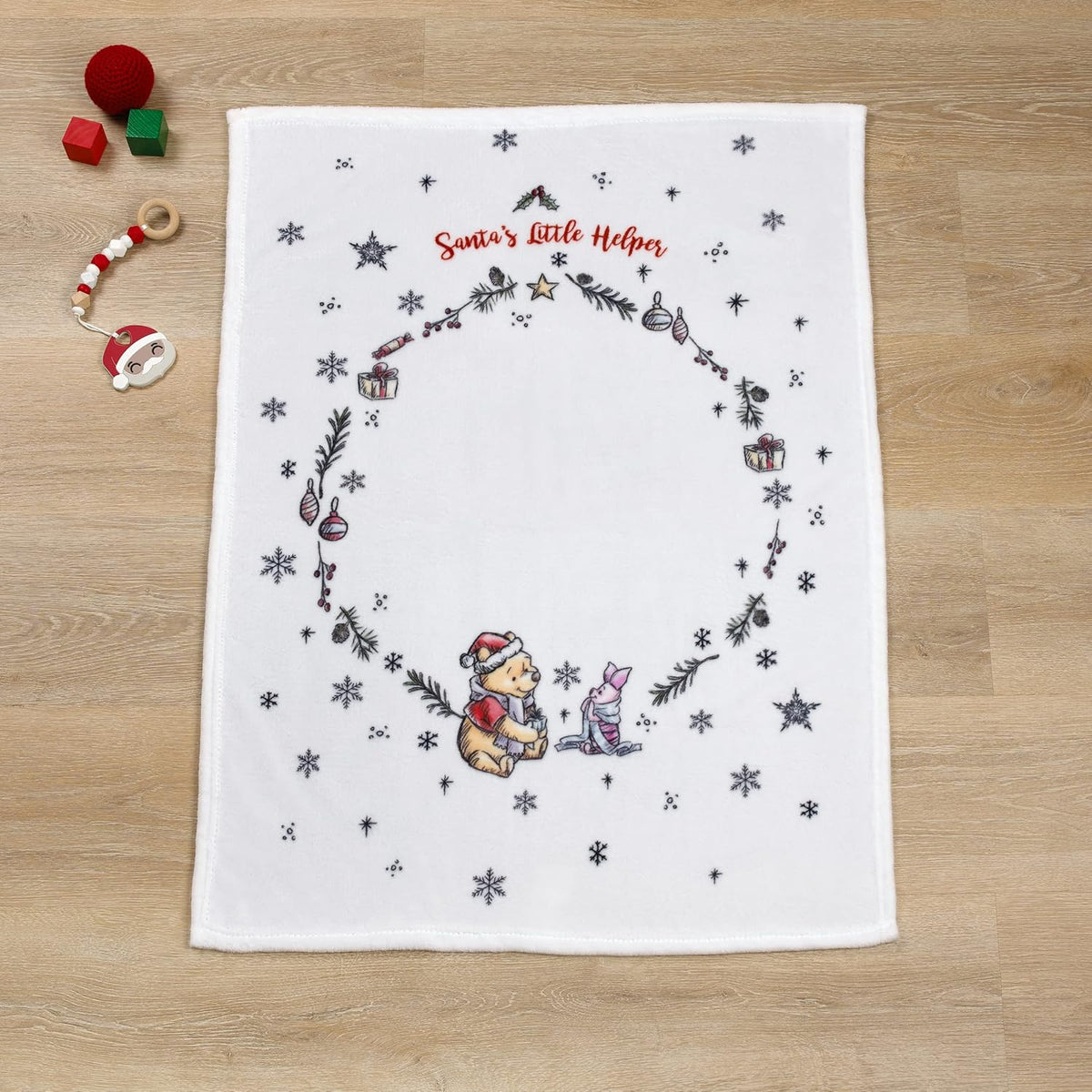 Disney Winnie the Pooh Holiday Baby Blanket, 30x40 "Santa's Little Helper" Milestone Fleece Blanket, White