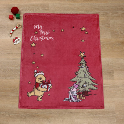 Disney Winnie the Pooh "My First Christmas" Holiday Baby Blanket, 30x40 Photo Op Plush Blanket, Red