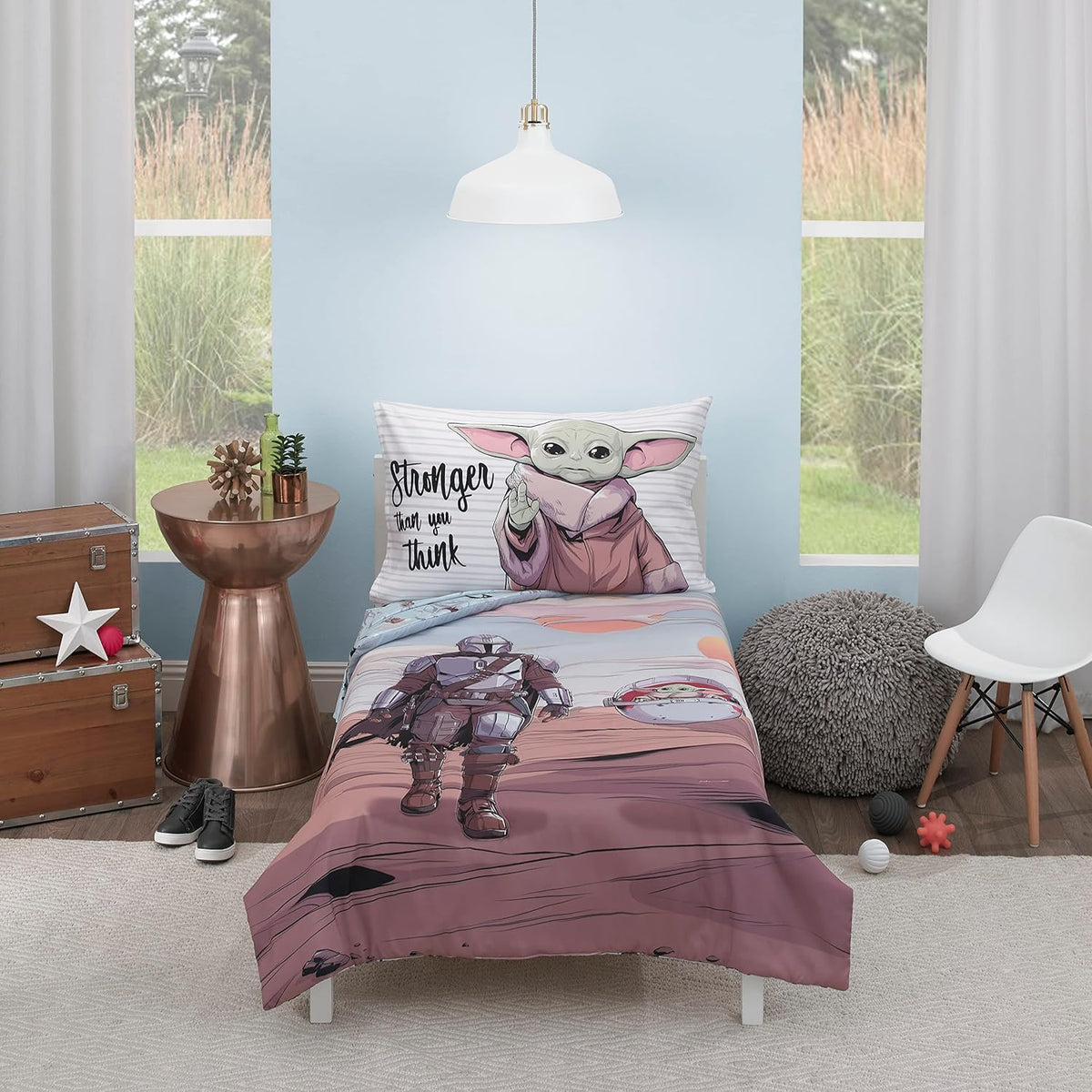 Star Wars The Mandalorian 4-Piece Toddler Bedding Set, Grogu "Stronger Than You Think" Comforter, Sheets & Pillowcase, Dusty Rose and Blue