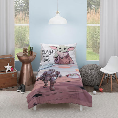 Star Wars The Mandalorian 4-Piece Toddler Bedding Set, Grogu "Stronger Than You Think" Comforter, Sheets & Pillowcase, Dusty Rose and Blue