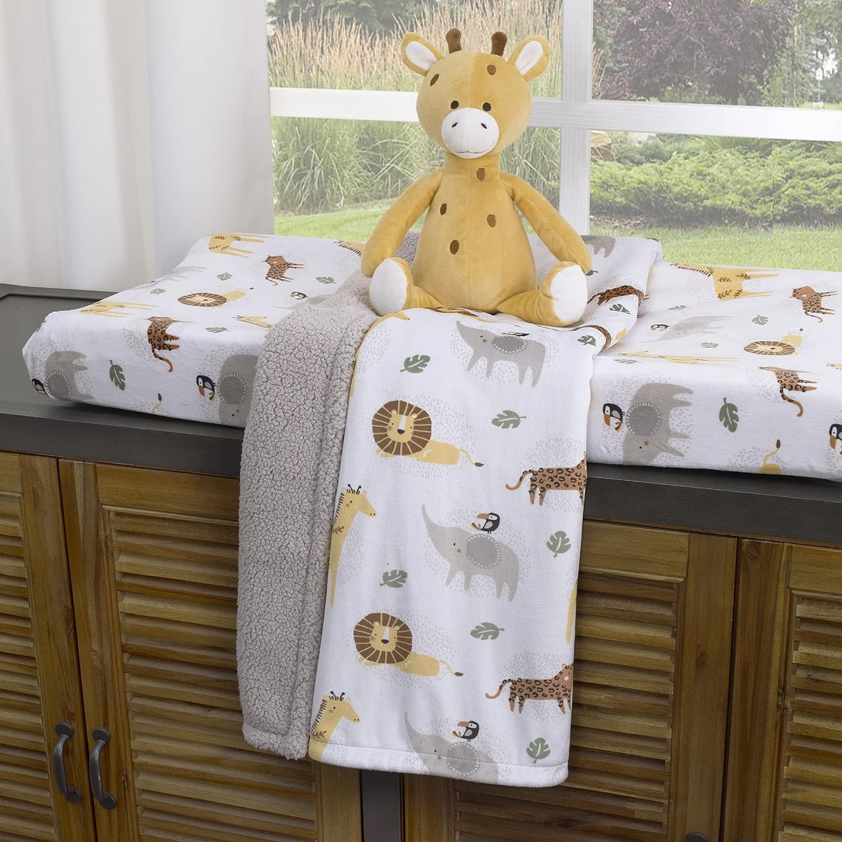 NoJo Safari Animals Contoured Changing Pad Cover, Jungle Elephant, Giraffe, Lion & Cheetah Baby Diaper Pad Cover, Neutral Grey and Gold