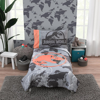 Jurassic World 4-Piece Toddler Bedding Set, T-Rex Map Comforter, Fitted Bottom Sheet, Flat Top Sheet & Pillowcase, Grey, Charcoal and Neon Orange
