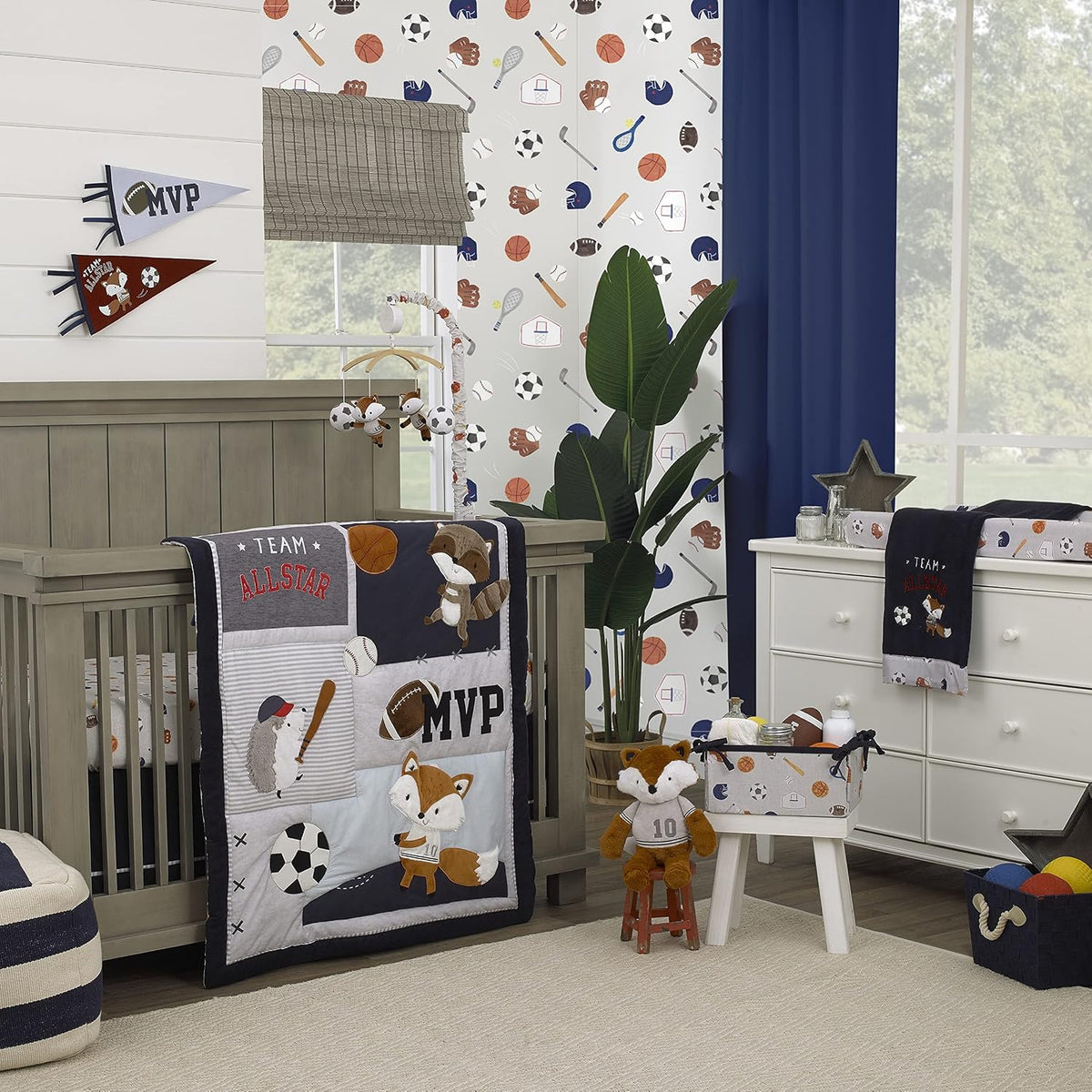 NoJo All-Star Sports 100% Cotton Photo Op Fitted Crib Sheet, Woodland Animals MVP Baby Bed Sheet, Heather Grey, Navy and Orange