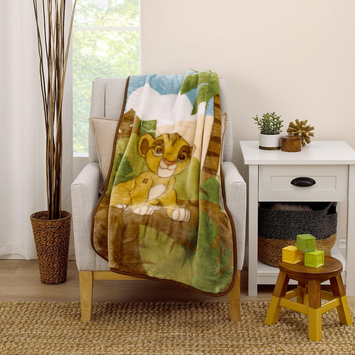 Disney The Lion King Simba Super Soft Plush Baby Blanket, 30x45 Safari Stroller & Crib Fleece Blanket with Brown Trim, Tan and Green
