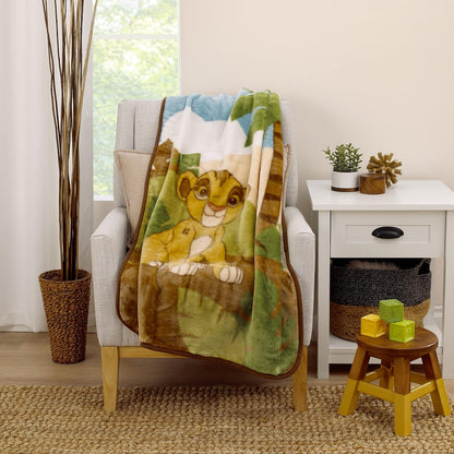 Disney The Lion King Simba Super Soft Plush Baby Blanket, 30x45 Safari Stroller & Crib Fleece Blanket with Brown Trim, Tan and Green
