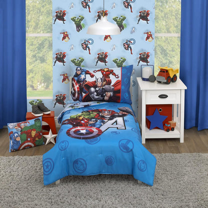 Marvel Avengers 4-Piece Toddler Bedding Set, Comforter, Fitted Sheet, Flat Sheet & Pillowcase, Blue