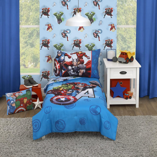 Marvel Avengers 4-Piece Toddler Bedding Set, Comforter, Fitted Sheet, Flat Sheet & Pillowcase, Blue