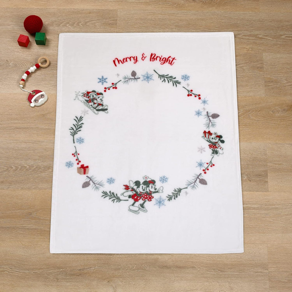 Disney Mickey and Minnie Mouse Holiday Baby Blanket, 30x40 "Merry & Bright" Wreath Photo Op Fleece Blanket, White