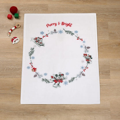 Disney Mickey and Minnie Mouse Holiday Baby Blanket, 30x40 "Merry & Bright" Wreath Photo Op Fleece Blanket, White