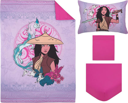 Disney Raya and the Last Dragon 4-Piece Toddler Bedding Set, Comforter, Fitted Sheet, Flat Sheet & Pillowcase, Purple