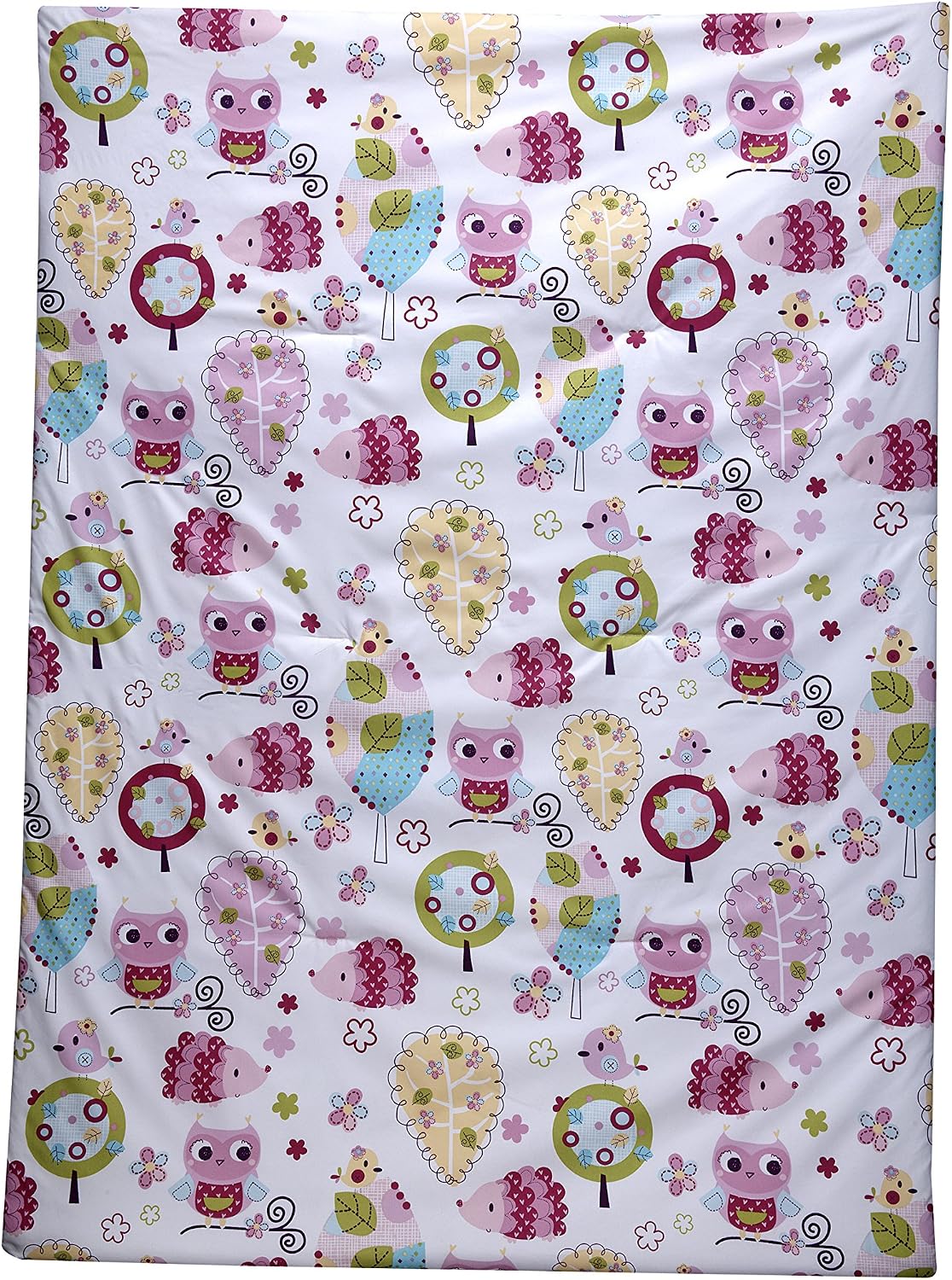Everything Kids Hoot Hoot Owl 4-Piece Toddler Bedding Set, Comforter, Fitted Sheet, Flat Sheet & Pillowcase, Pink and White