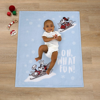 Disney Mickey and Minnie Mouse Holiday Baby Blanket, 30x40 "Oh, What Fun!" Winter Sledding Fleece Blanket, Light Blue