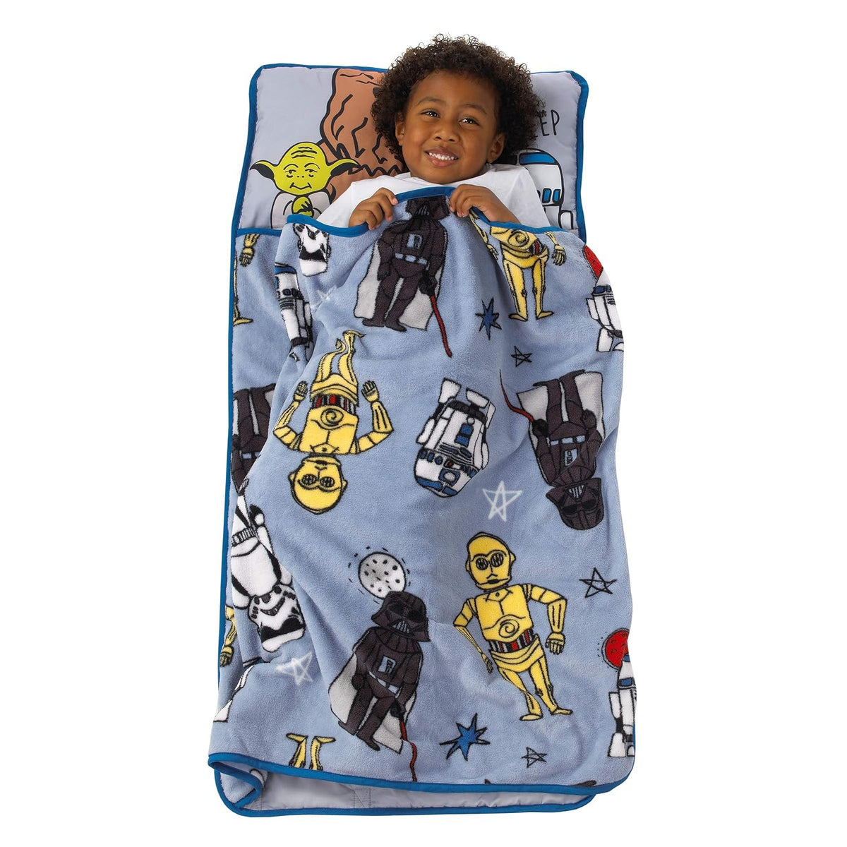 Star Wars Classic Toddler Nap Mat with Built-In Pillow and Blanket, Darth Vader, Yoda & Droids, Blue and Grey