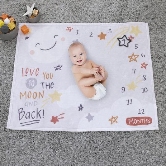 NoJo "Love You to the Moon and Back" Monthly Milestone Baby Blanket with Star Felt Marker, 40x50 Celestial Fleece Photo Op Blanket, Grey and Gold