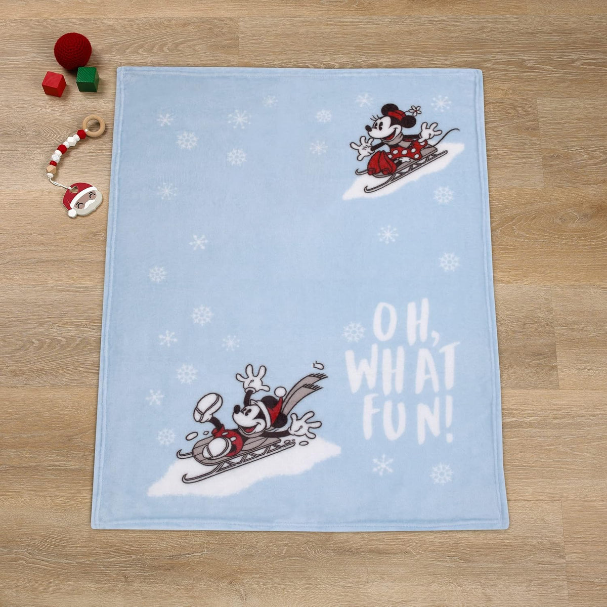 Disney Mickey and Minnie Mouse Holiday Baby Blanket, 30x40 "Oh, What Fun!" Winter Sledding Fleece Blanket, Light Blue