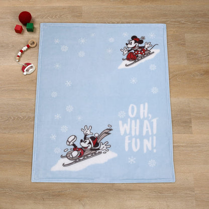 Disney Mickey and Minnie Mouse Holiday Baby Blanket, 30x40 "Oh, What Fun!" Winter Sledding Fleece Blanket, Light Blue