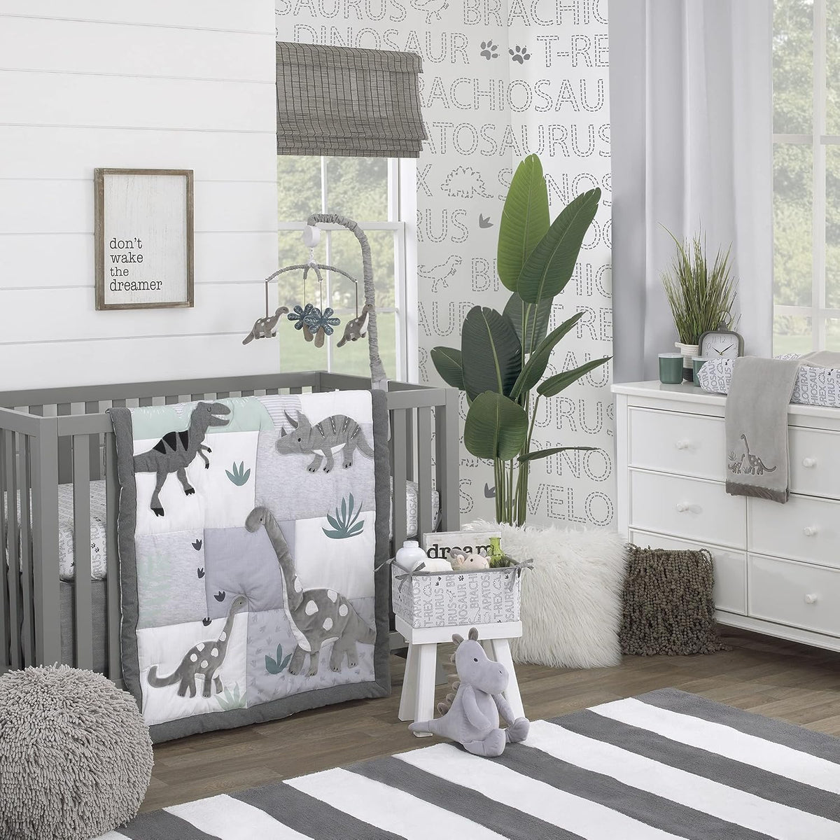 NoJo Baby-Saurus Photo Op ROAR Fitted Crib Sheet, Prehistoric Dinosaur Nursery Bedding, Grey, Sage Green and White