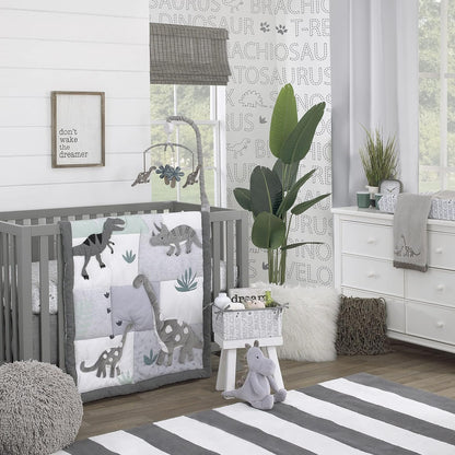 NoJo Baby-Saurus Photo Op ROAR Fitted Crib Sheet, Prehistoric Dinosaur Nursery Bedding, Grey, Sage Green and White