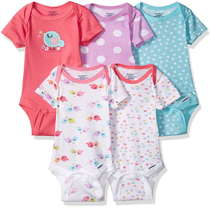 Gerber Baby Girls' 5 Pack Onesies, Birdie, 0-3 Months