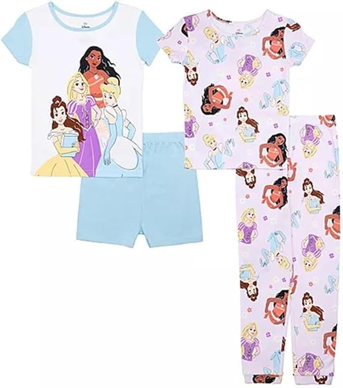 Girls’ Princess 4pc Pajama Set – Moana, Cinderella, Rapunzel & Belle – 2 Tops, Shorts & Pants