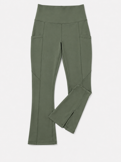 New York Laundry Women's High-Waisted Flare Yoga Pants with Side Pockets and Hem Slits, Olive Green