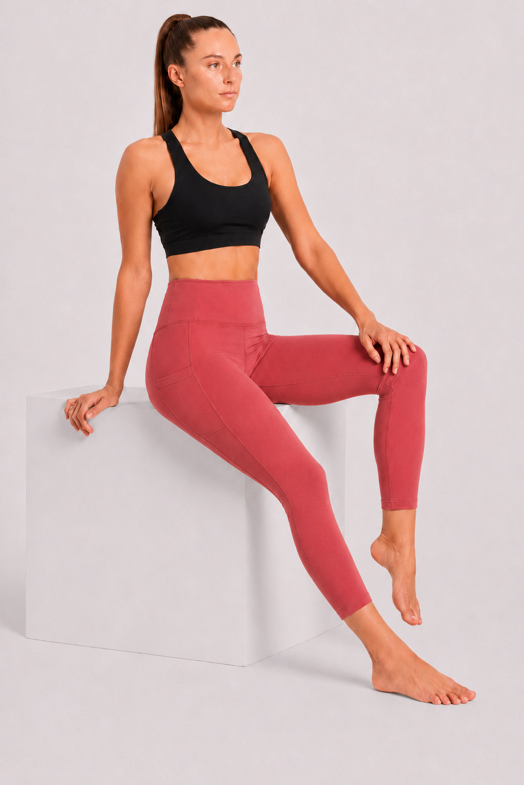 New York Laundry Women's 7/8 High-Waisted Leggings with Side Pockets, Coral Pink / Dusty Rose