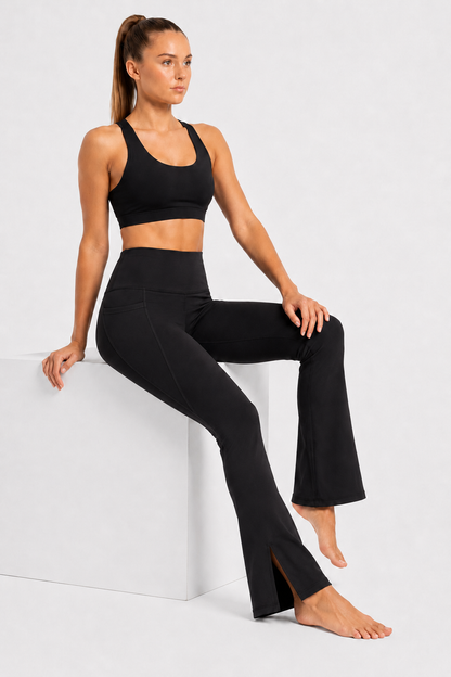 New York Laundry Women's High-Waisted Flare Yoga Pants with Side Pockets and Hem Slits, Jet Black