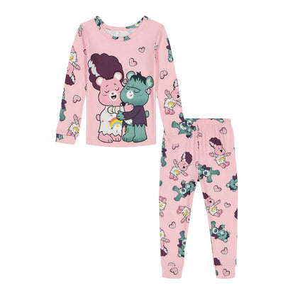 Care Bears Toddler Girls Pink Long Sleeve Pajama Set with Frankenstein and Bride Bear Print Top and Jogger Pants
