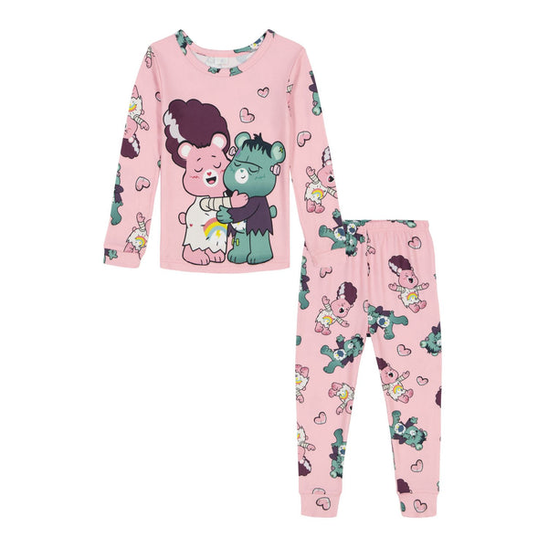 Care Bears Toddler Girls Pink Long Sleeve Pajama Set with Frankenstein and Bride Bear Print Top and Jogger Pan