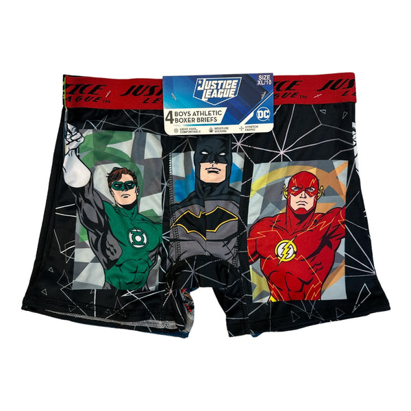 DC Comics Justice League Boys 4-Pack Athletic Boxer Briefs, Batman, Flash & Green Lantern Underwear Set, Multi