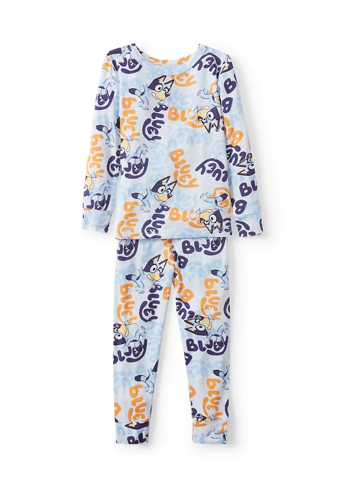Bluey Unisex Toddler Pajama Set, 2-Piece Long Sleeve Top and Pants, Blue All-Over Character Print, Unisex Sleepwear, Sizes 12M-4T