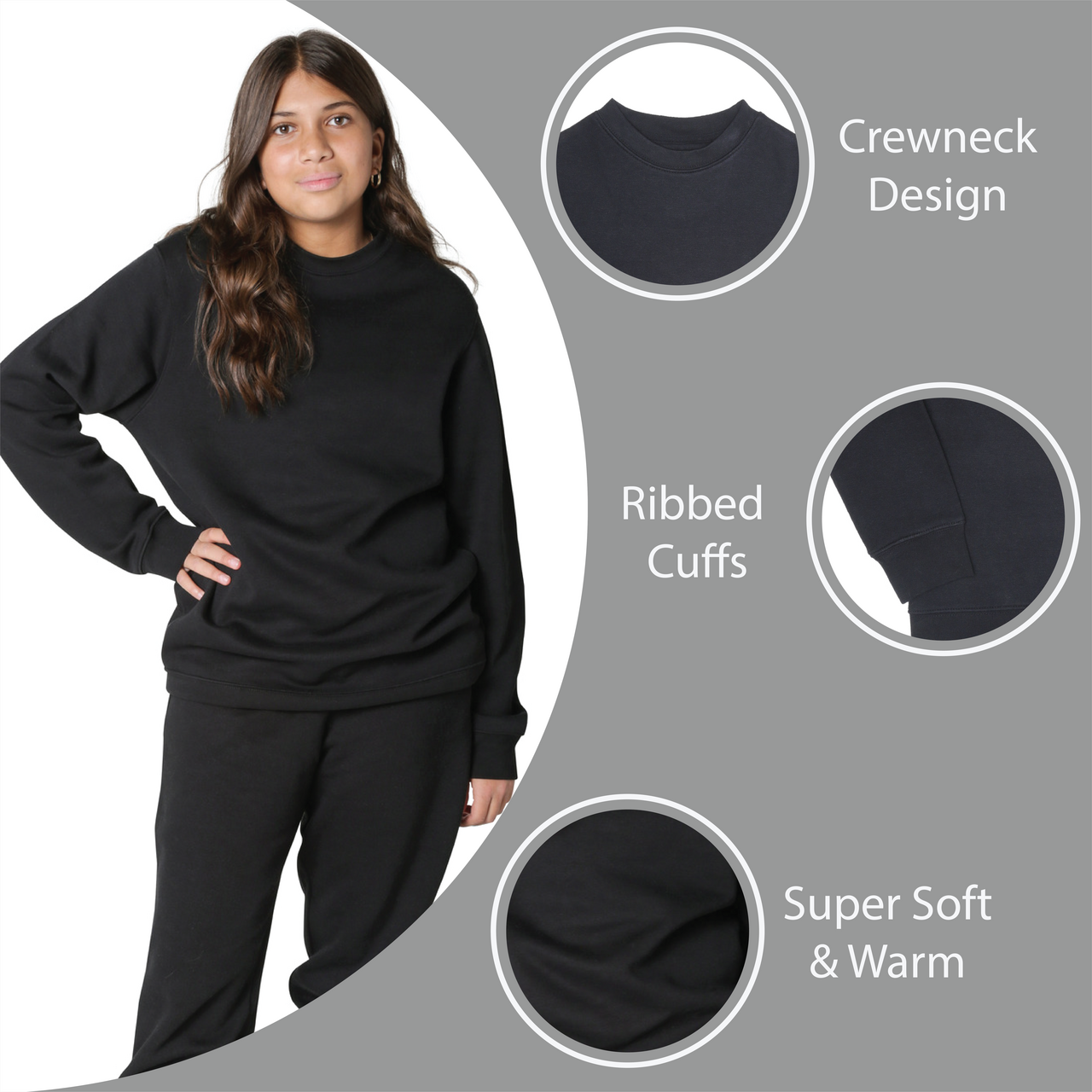 EVERYDAY KIDS Girls’ Fleece Black Crewneck Sweatshirt