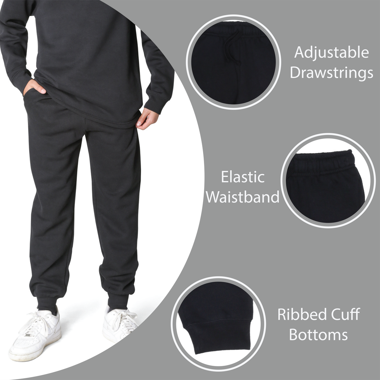 EVERYDAY KIDS Boys Black Cotton Fleece Sweatpants Joggers with Pockets