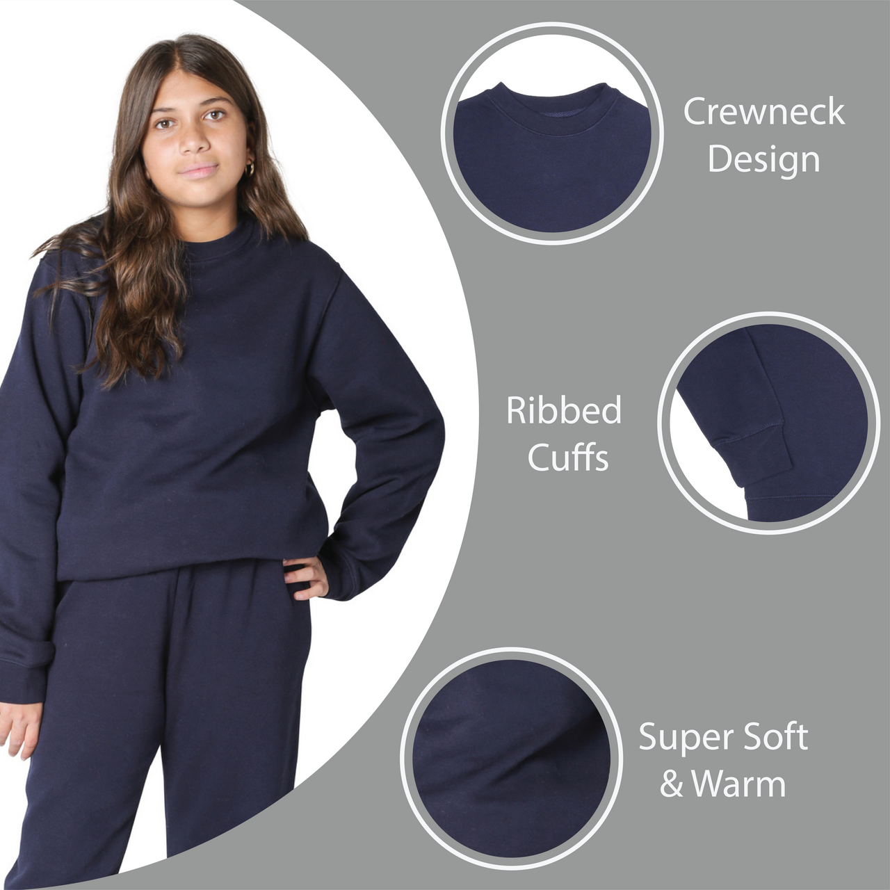 EVERYDAY KIDS Girls’ Fleece Navy Blue Crewneck Sweatshirt