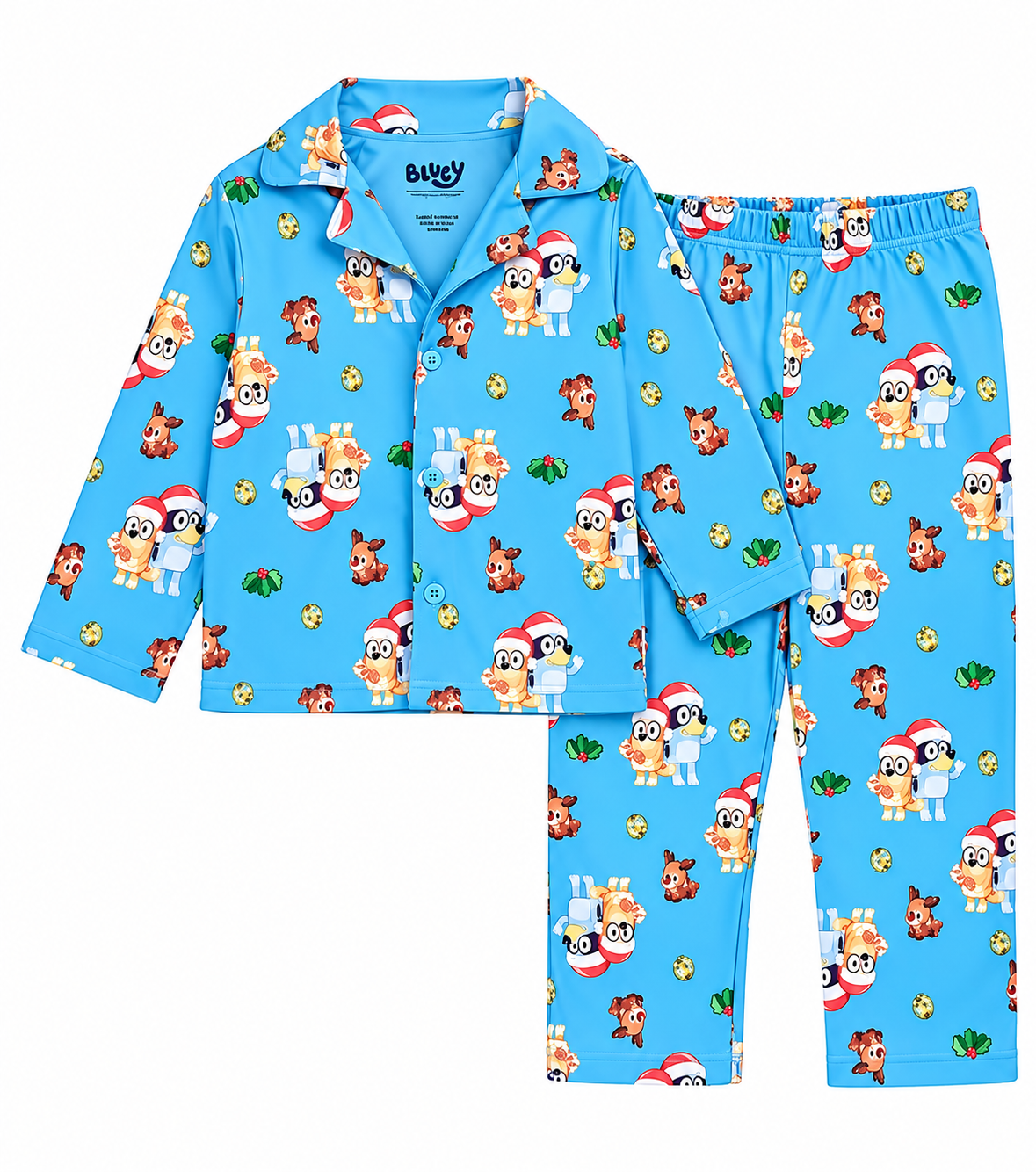 Bluey Kids Christmas Pajama Set Long Sleeve Button-Front Top and Elastic Waist Pants Blue Holiday Print Sleepwear Sizes 4-10