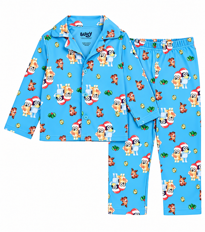 Bluey Kids Christmas Pajama Set Long Sleeve Button-Front Top and Elastic Waist Pants Blue Holiday Print Sleepwear Sizes 4-10